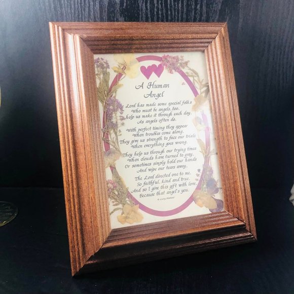 Vintage "A Human Angel" Wood Framed Pressed Flowers and Friendship Calligraphy P - Picture 2 of 6